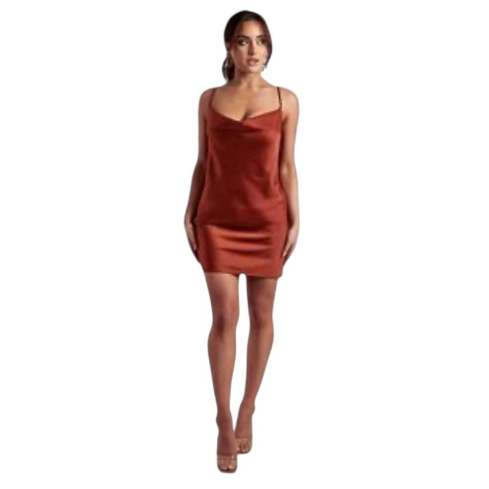 Meshki Tabitha Orange Red Satin Slip‎ Cowl Neck Mini Dress Xs